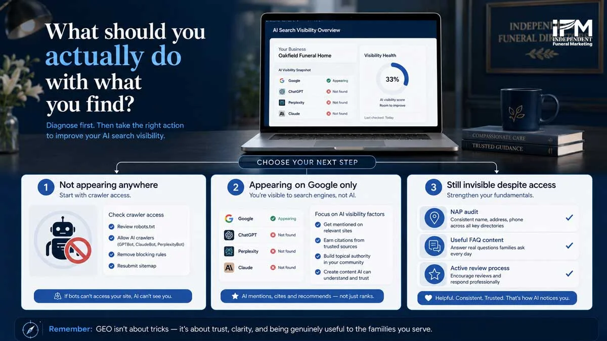 AI search visibility next steps for funeral homes graphic showing what to do if a funeral director is not appearing in Google AI Overviews, ChatGPT, Perplexity or Claude.