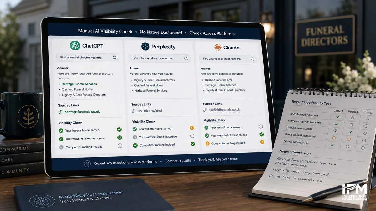 ChatGPT Perplexity Claude AI search visibility check for funeral homes showing manual platform testing, named business results, source links and competitor visibility.