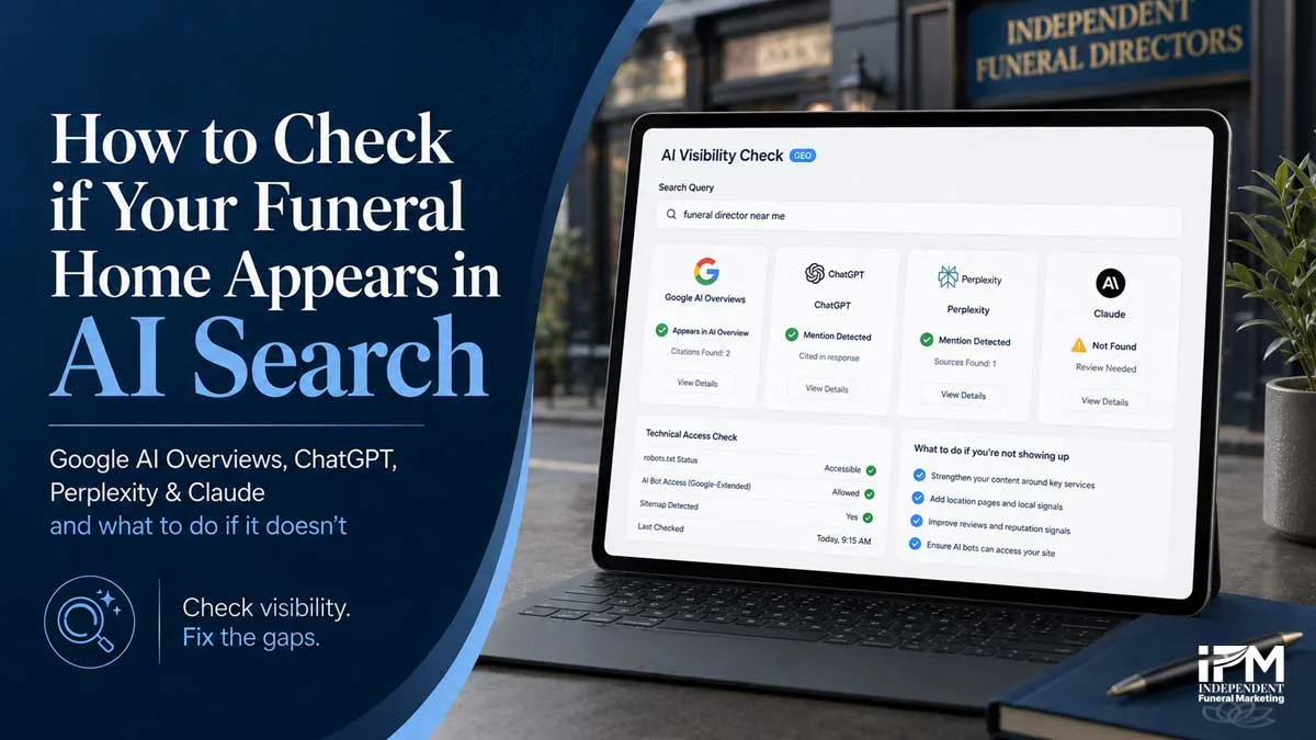 How to check funeral home AI search visibility feature image showing an AI visibility dashboard for Google AI Overviews, ChatGPT, Perplexity and Claude.