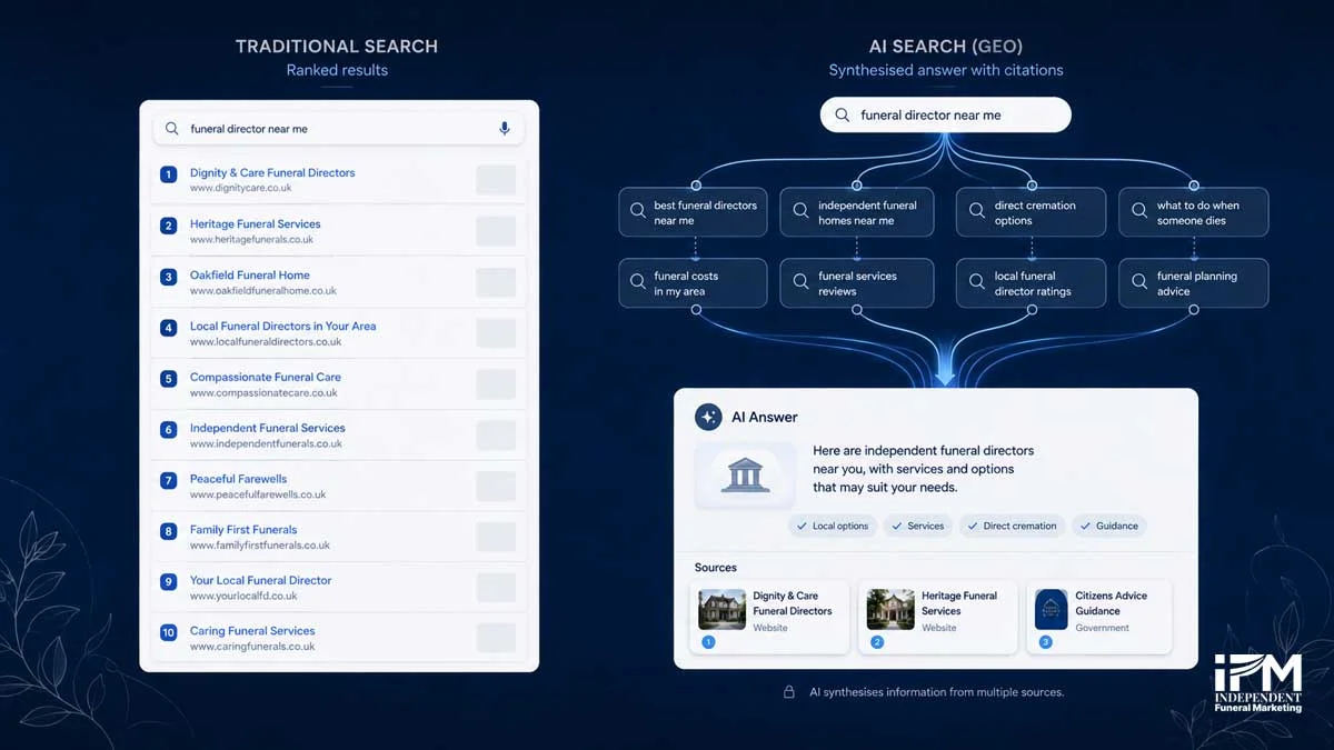 Traditional search vs AI search for funeral directors graphic showing ranked Google results beside an AI answer built from query fan-out and multiple cited sources.