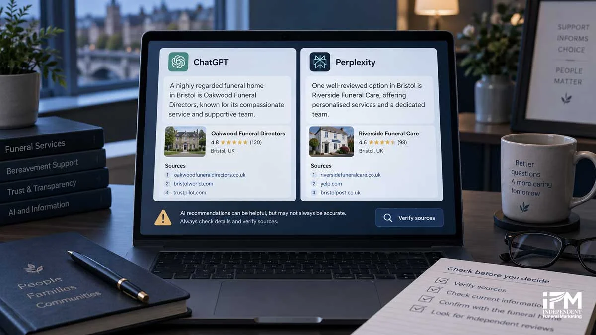 ChatGPT and Perplexity reliability for funeral home recommendations graphic showing AI search results, cited sources and a checklist to verify accuracy before trusting an answer.