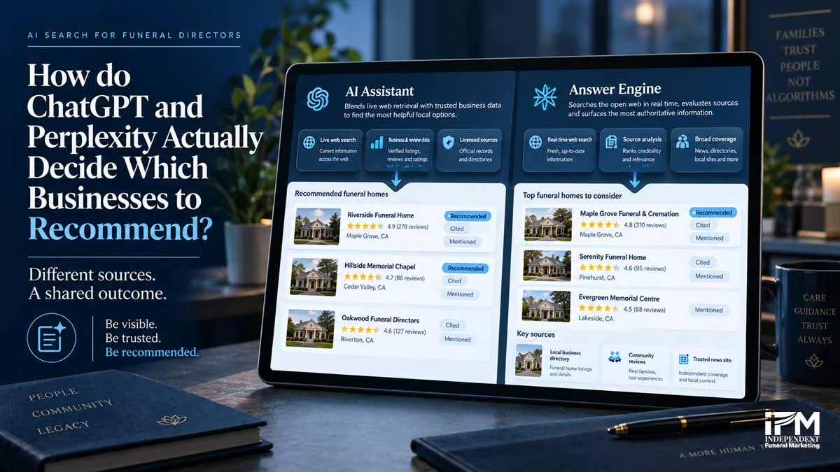 How ChatGPT and Perplexity decide which funeral homes to recommend graphic showing two AI recommendation systems using live web retrieval, reviews, business data and cited sources.