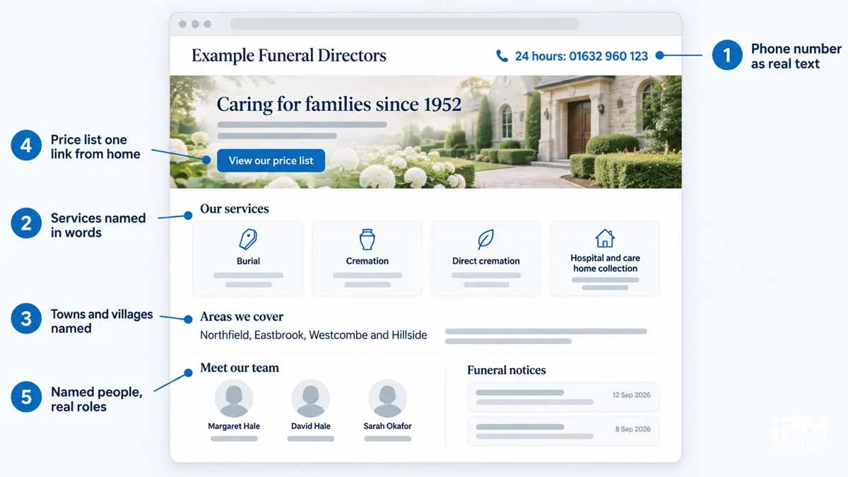 Illustrative funeral director home page with numbered callouts on the 24-hour phone number, services, areas covered, price list link and named team, all stated as plain text