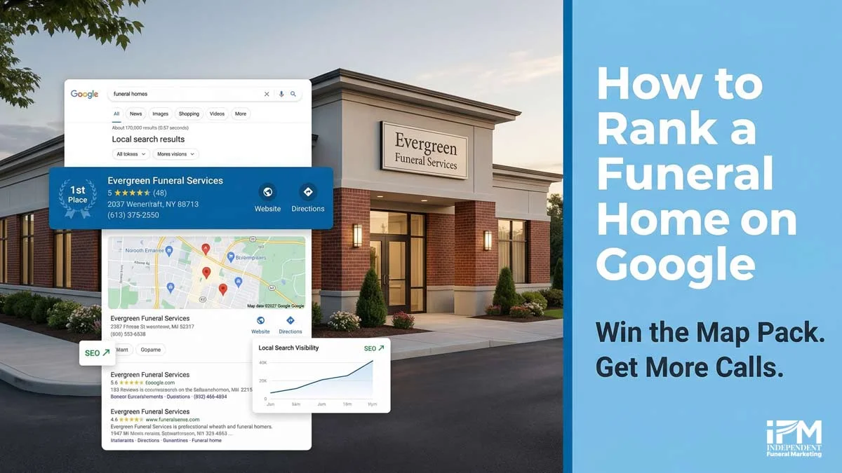 A funeral director reviewing local search rankings and Google Maps results on a laptop, showing the Map Pack for a UK funeral home
