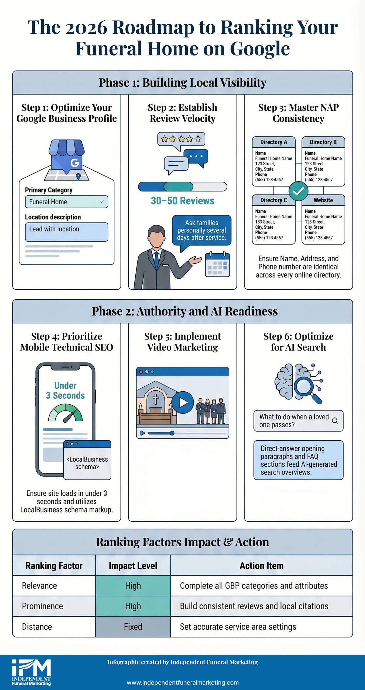 Infographic: how to rank a funeral home on Google — Map Pack factors, Google Business Profile checklist, reviews, NAP and citations, website SEO, and timeline for independent funeral directors