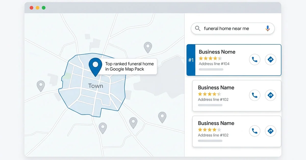A funeral home appearing at the top of Google Maps results on a smartphone screen