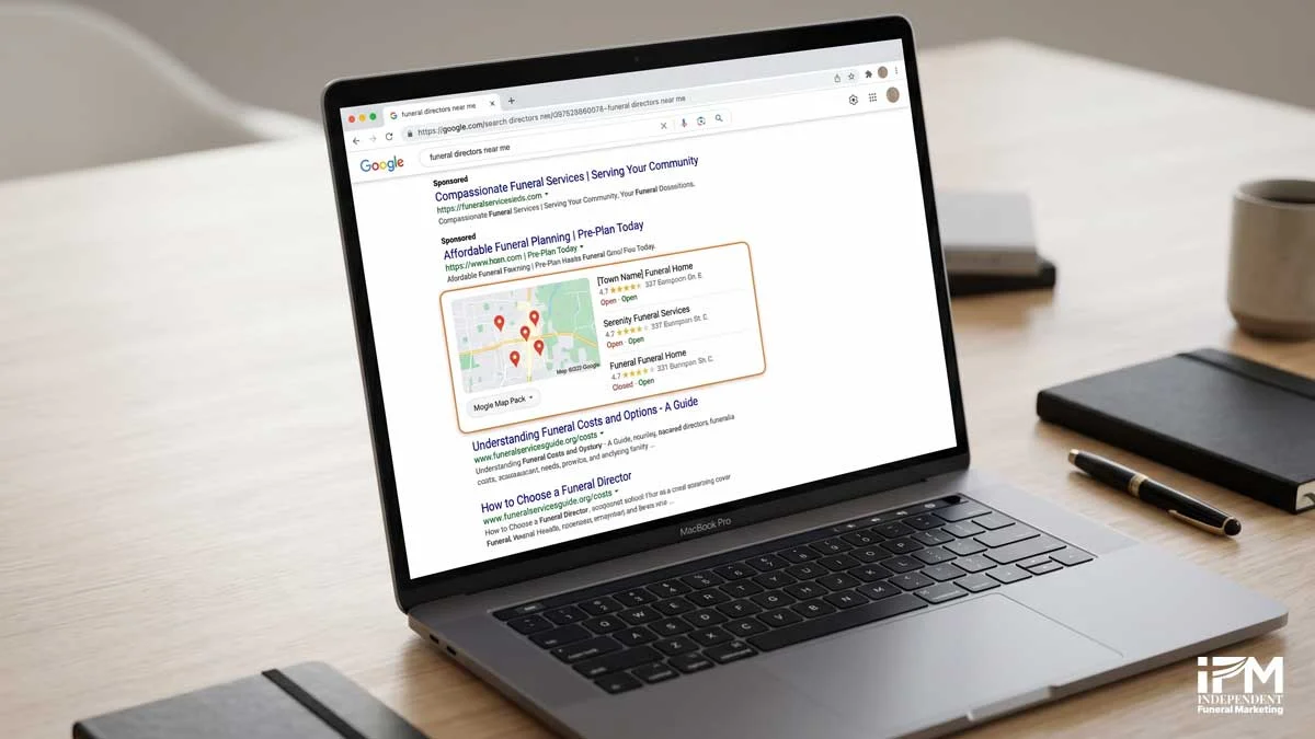 Google search results page showing paid ads for funeral directors at the top, above the Map Pack and organic results
