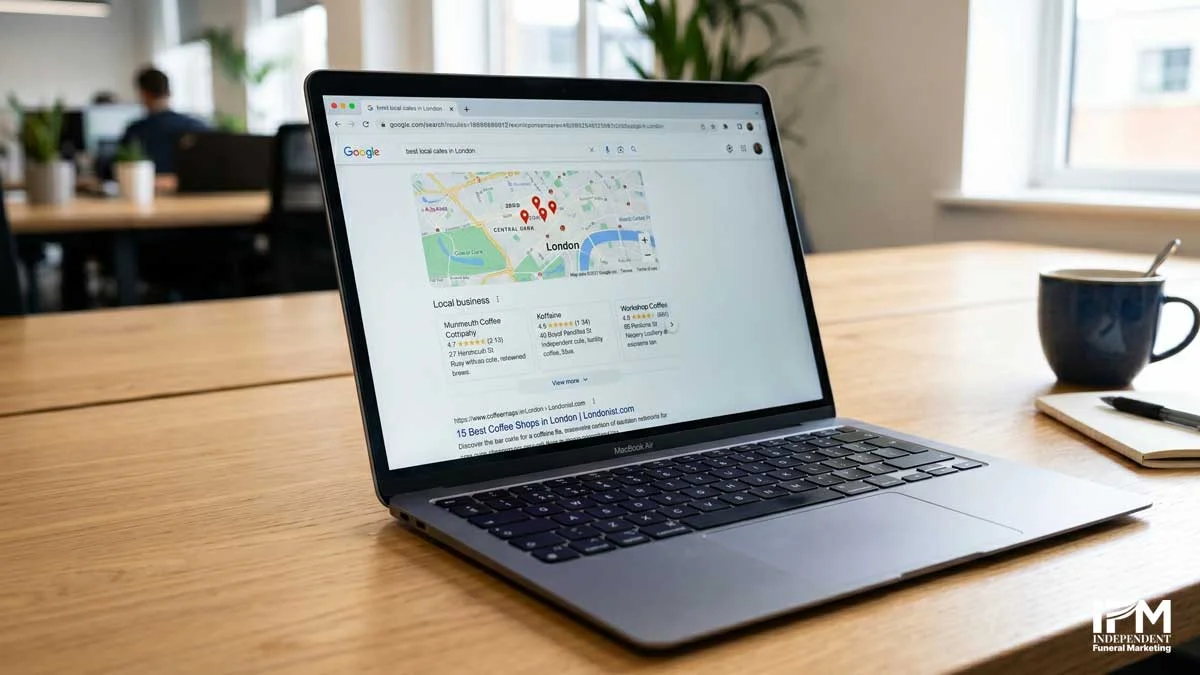 Laptop computer on a desk displaying Google search results for a funeral directors near me query, with the local map pack showing three business listing cards and star ratings above the organic website results