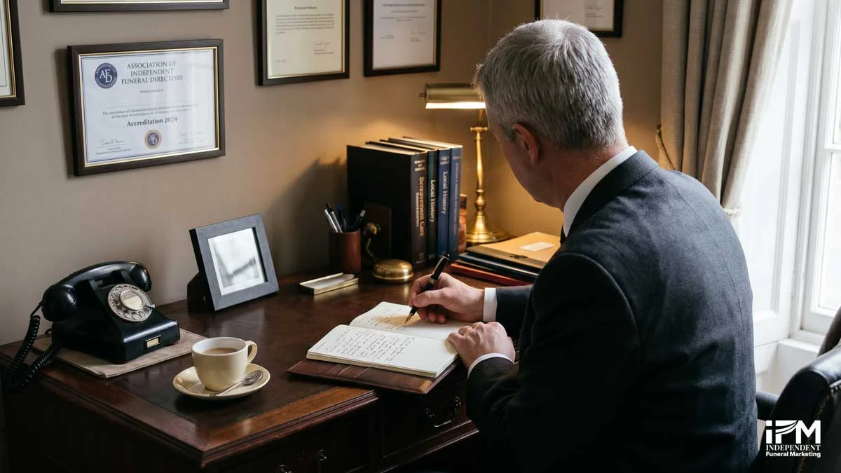 Independent funeral director seated at a traditional wooden desk in a professional office, writing notes, representing the personalised local community relationship that builds long-term Google local search advantage