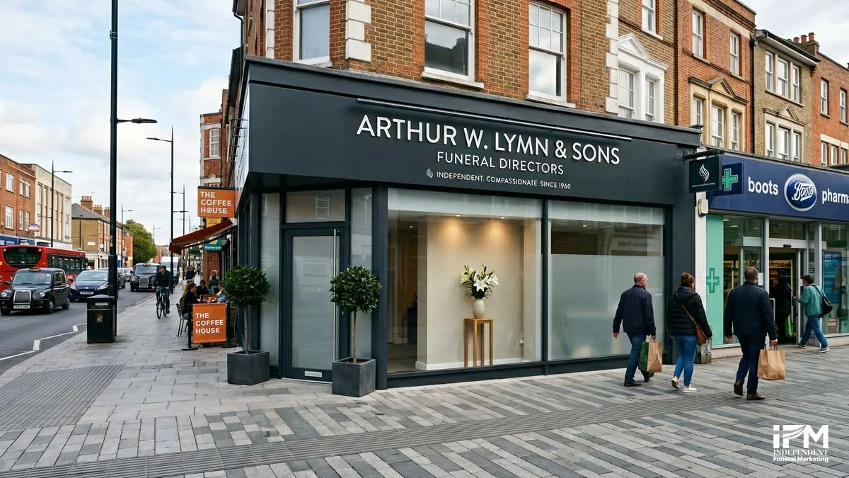 Exterior view of a traditional independent funeral home on a quiet UK high street, showing the established local community presence that gives independent funeral homes structural advantages in Google local search