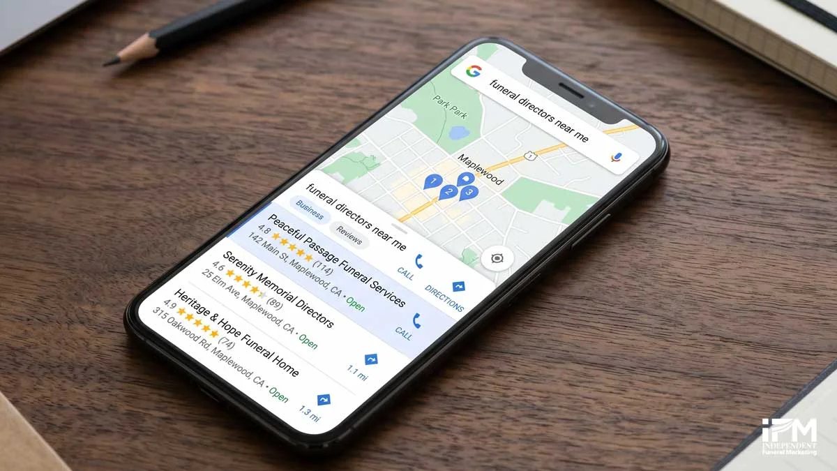 Smartphone screen displaying Google Maps local pack search results for funeral directors, showing three business listings with star ratings and location pins representing the local search competition between independent and corporate funeral homes