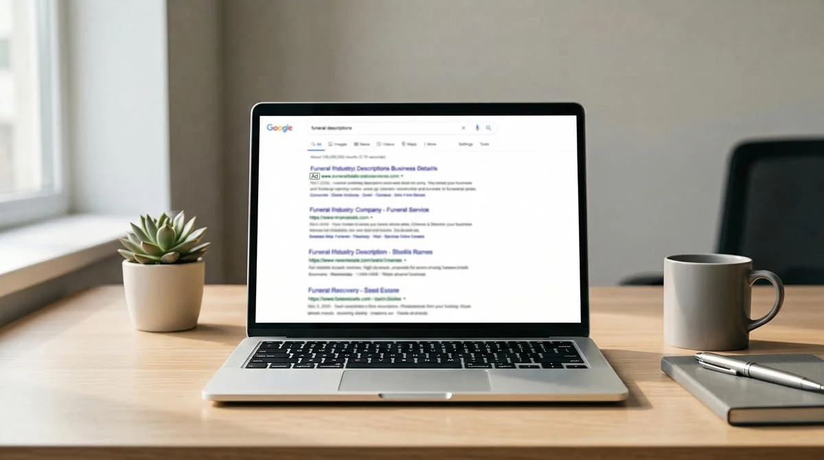 Google search results page showing a funeral home Google Ad appearing at the top of results above organic listings for the search term funeral home near me