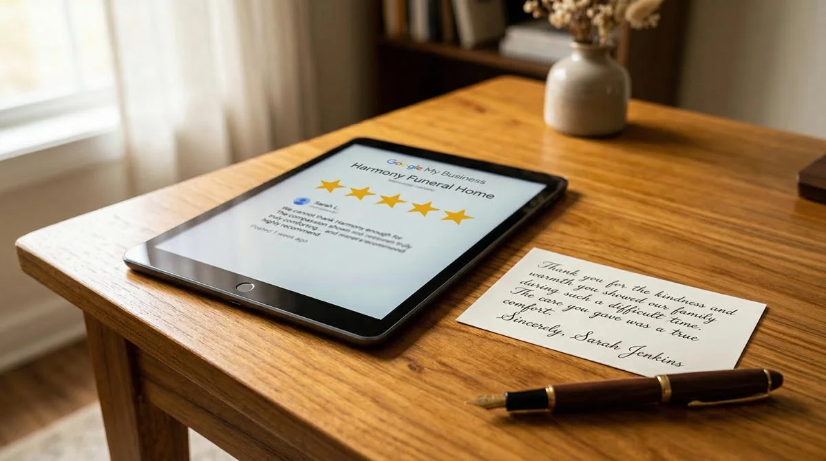 Google reviews panel for an independent funeral home showing a 4.8 star rating with multiple five-star reviews and responses from the funeral director