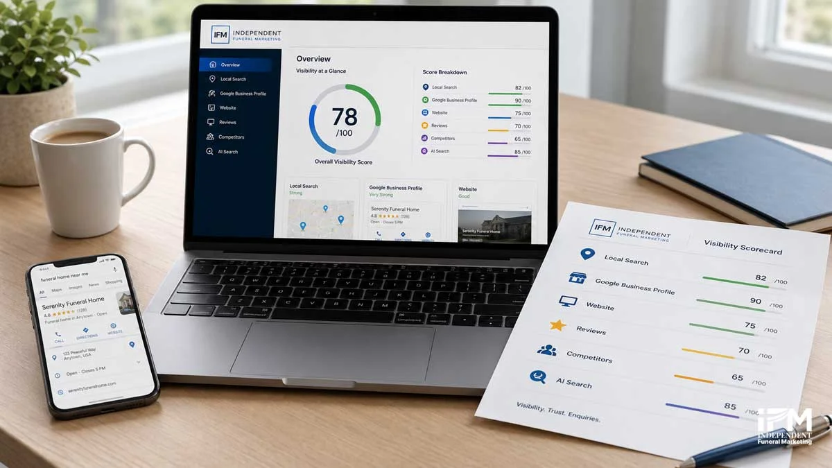 The IFM Funeral Home Visibility Scorecard dashboard showing a 30-point local search assessment across six dimensions including map rankings, Google Business Profile, website, reviews, competitor pressure, and AI search readiness