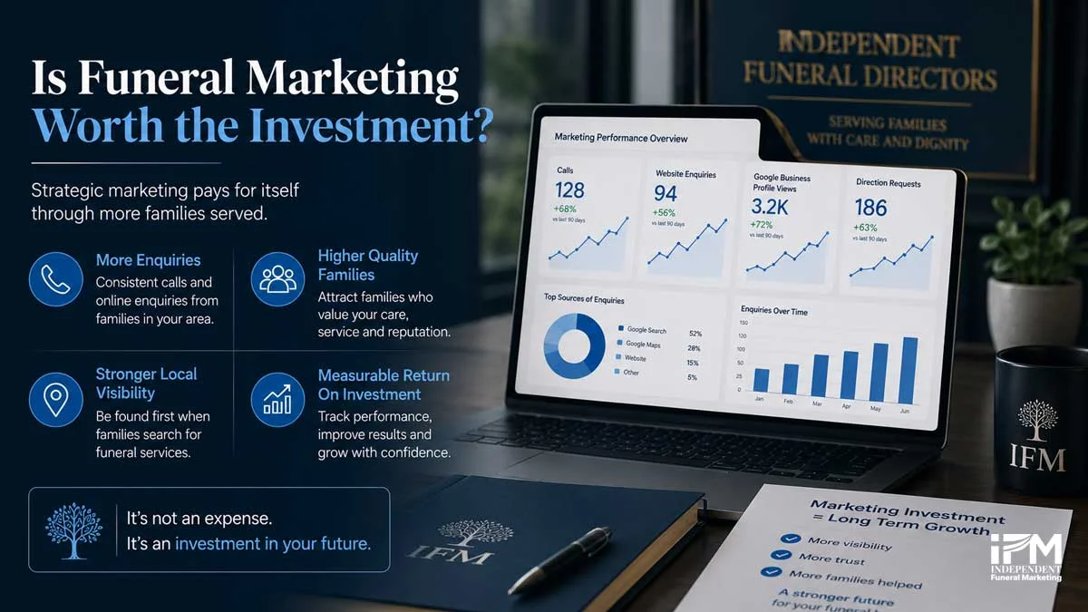 Funeral marketing investment graphic showing enquiry growth, local visibility, website enquiries, Google Business Profile views and measurable return for funeral homes.