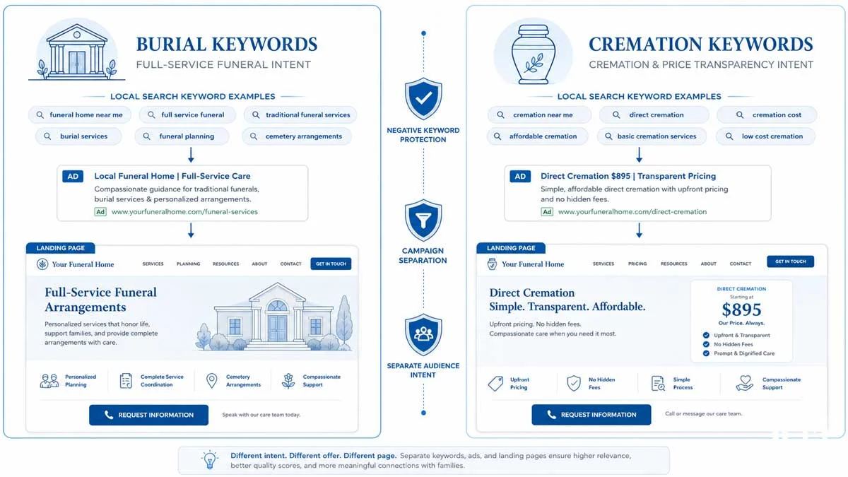 Cremation and burial keyword campaign comparison showing separate funeral home PPC landing pages and negative keywords