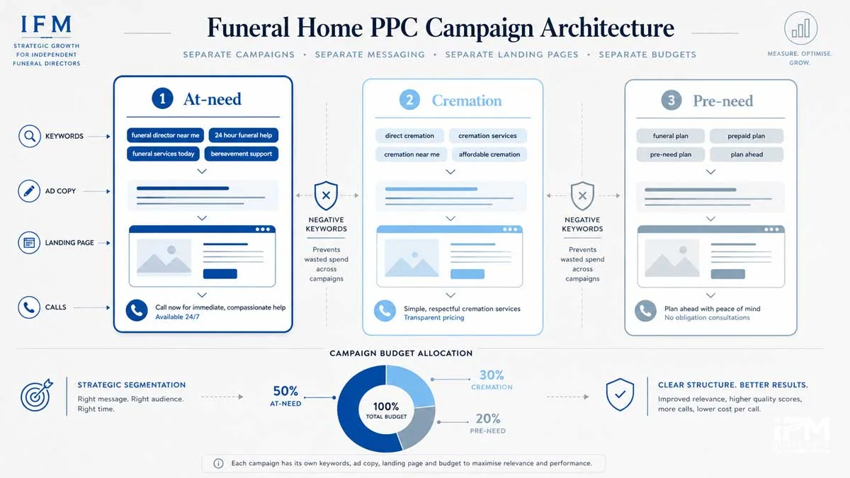 Funeral home Google Ads campaign structure showing separate at-need, cremation and pre-need keyword groups