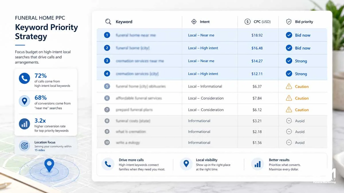 Funeral home PPC keyword priority table showing high-converting local search terms and bid priority for Google Ads