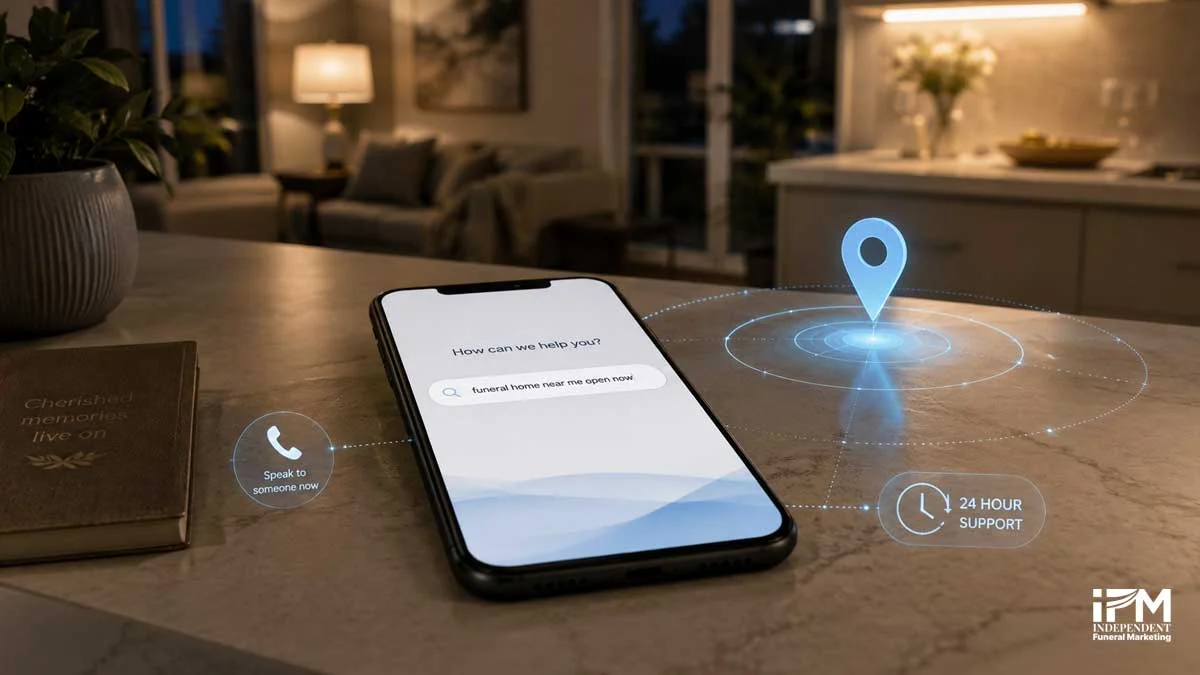 Mobile search for funeral home near me open now showing urgent local funeral director PPC intent