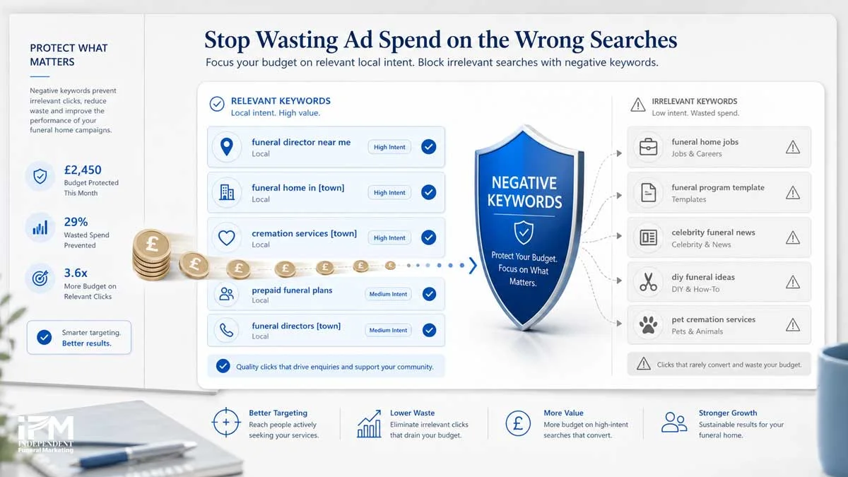 Negative keyword shield blocking wasted funeral home PPC spend from irrelevant job, DIY, news and pet cremation searches