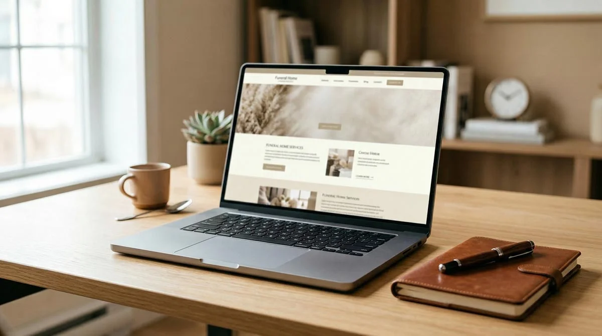 Funeral home website on screen showing on-page SEO elements including the title tag, H1 heading, meta description, and dedicated service pages for cremation and funeral planning
