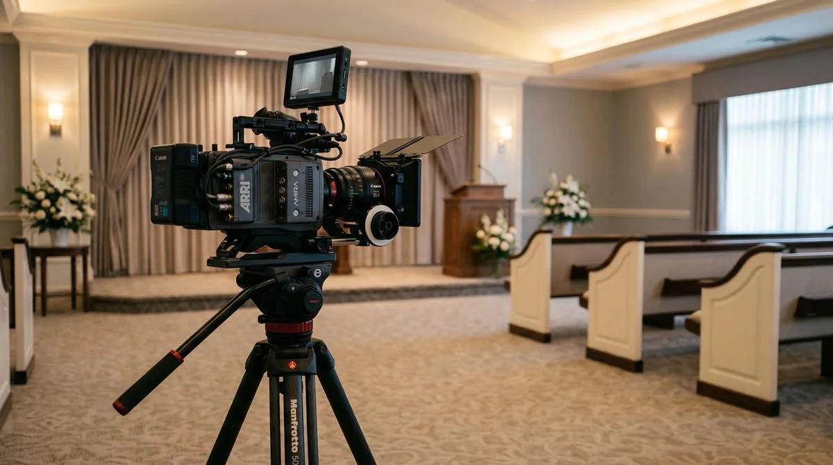 Professional camera on a tripod filming a funeral home facility tour in a calm, warmly lit chapel for YouTube and Google Business Profile video content