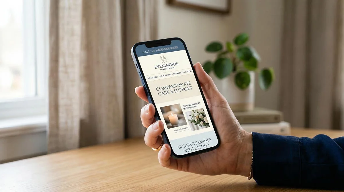 Funeral home website displayed on a mobile phone with a prominent click-to-call button visible in the header and a fast-loading homepage layout