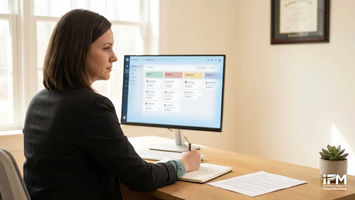 A funeral director reviewing a CRM screen showing a digital pre-need pipeline with family contact records and nurturing email sequences