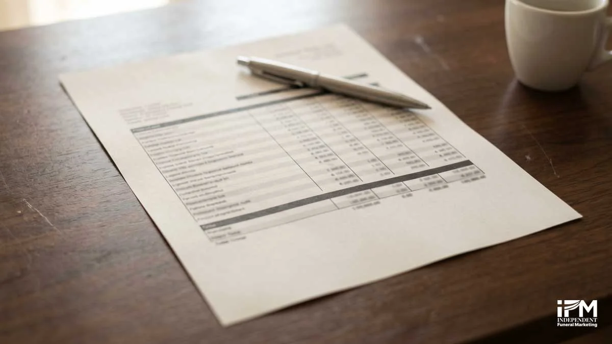 A pricing document on a dark walnut desk comparing UK direct cremation and attended funeral costs in 2025, showing the £2,688 revenue gap per case