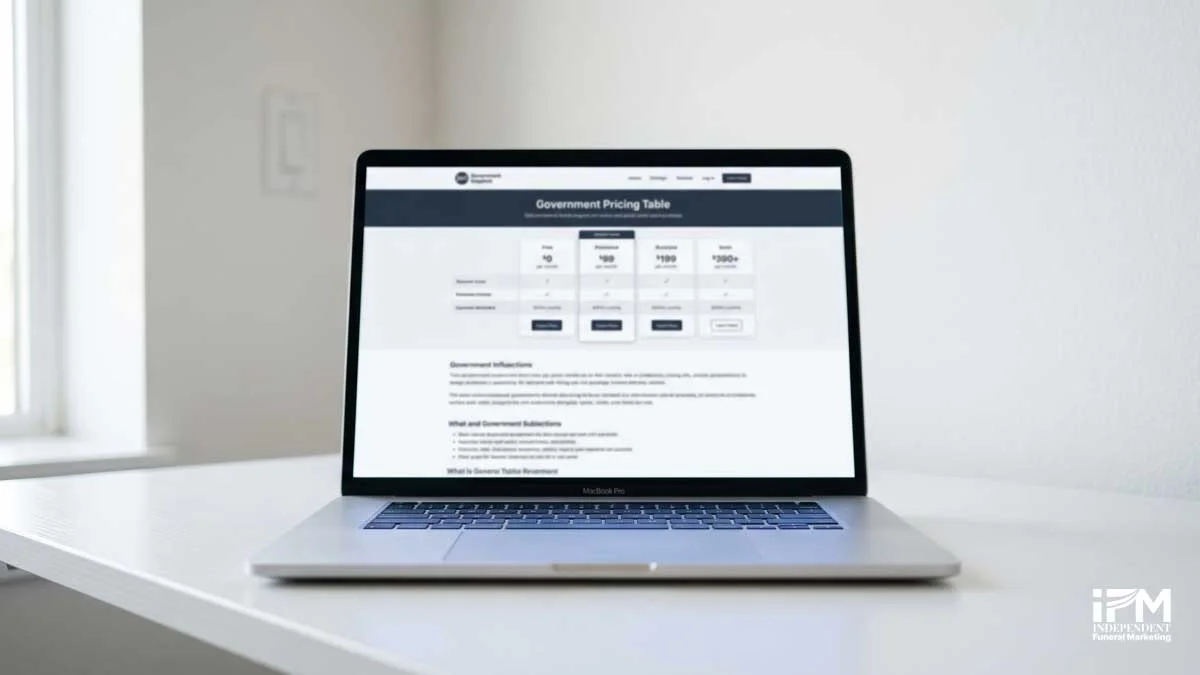 A laptop screen displaying a funeral home website pricing page structured to meet CMA Funerals Market Investigation Order 2021 price transparency compliance requirements