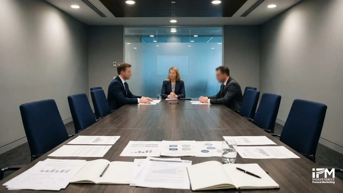 A professional boardroom meeting representing corporate consolidation in the UK funeral industry, with acquisitions reshaping independent funeral home markets