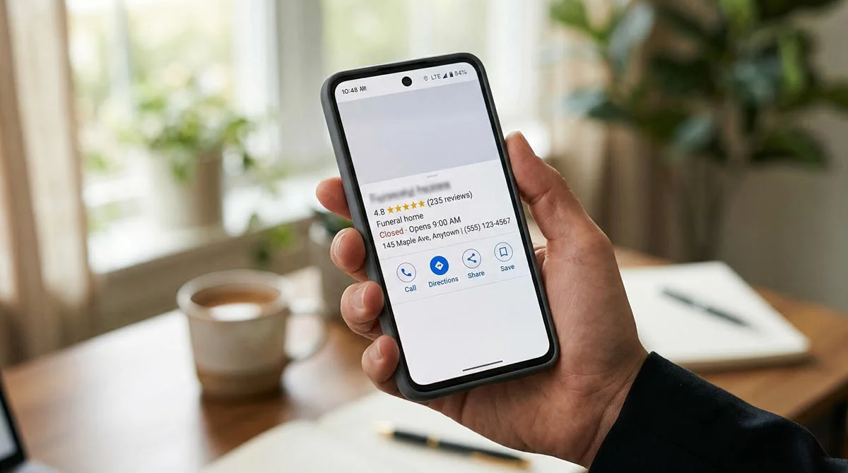 Google Business Profile dashboard for a funeral home showing completed categories, description, photos, and review section
