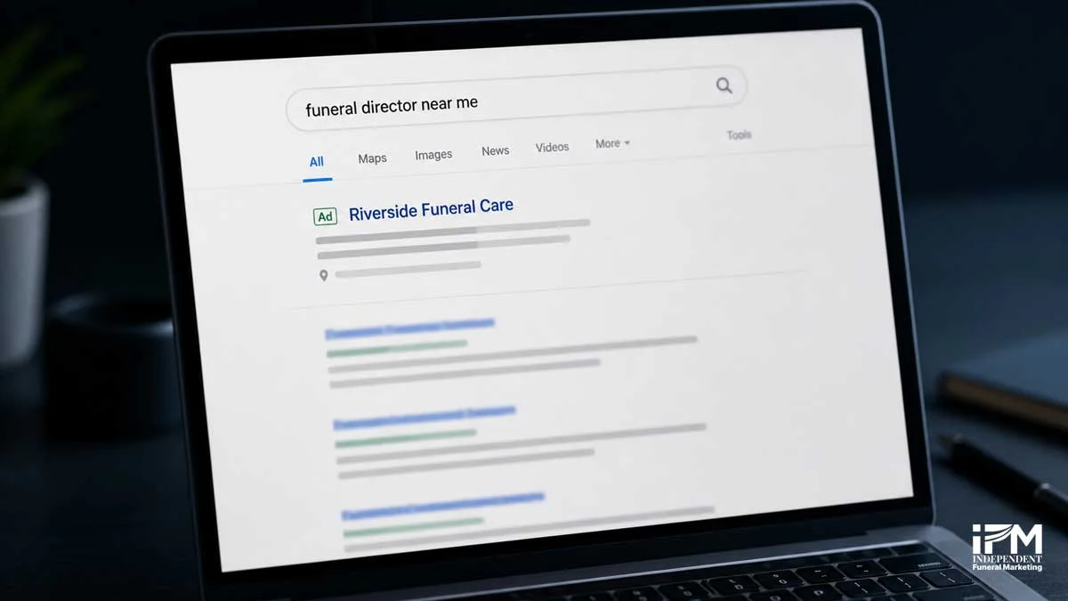 Google Ads search results page showing funeral director ads appearing at the top of a UK Google search above organic listings