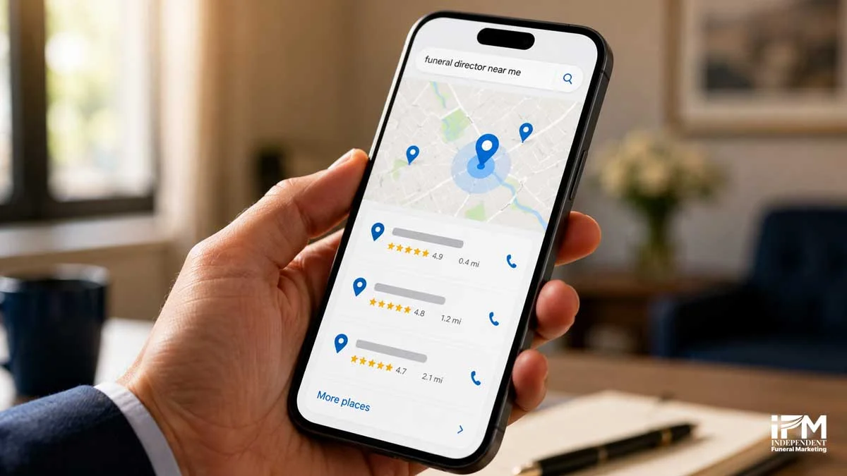 Google search results page for 'funeral director near me' showing the Map Pack with three local funeral home listings including star ratings and distance