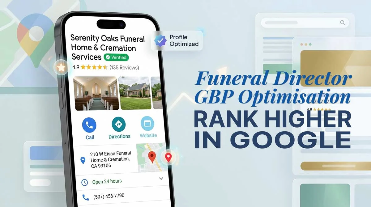 A funeral director reviewing their Google Business Profile on a laptop showing Map Pack results