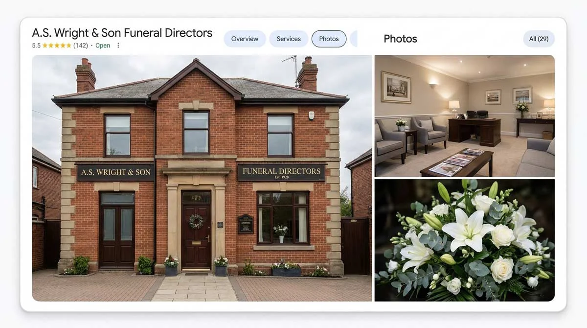 Google Business Profile photo gallery for a funeral home showing exterior building, reception area, and arrangement room