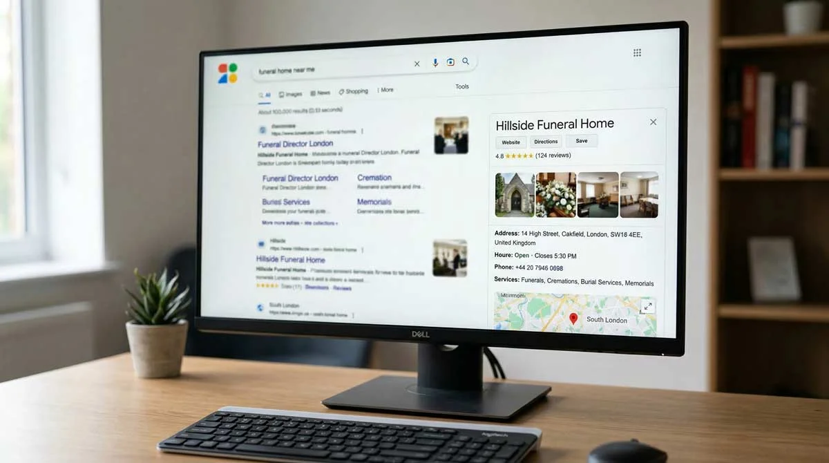 A fully completed Google Business Profile for an independent funeral home showing name, categories, and review rating