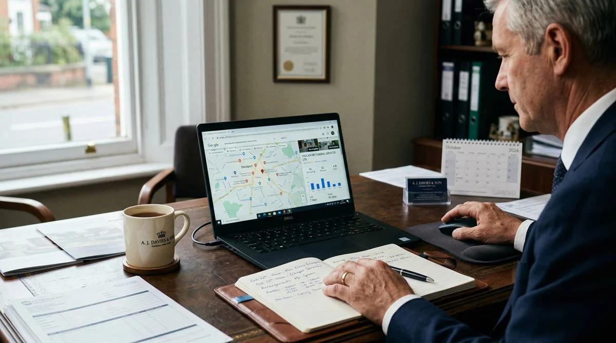 A funeral director seated at a tidy desk reviewing a Google Business Profile dashboard on a laptop, with a notebook and mug on the desk beside them