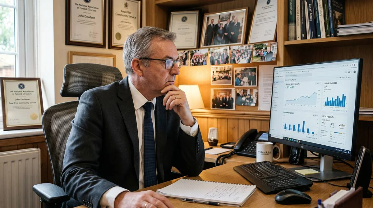 A funeral director in a professional office reviewing SEO analytics dashboards on a monitor, with graphs showing trends, call volumes, and local visibility metrics