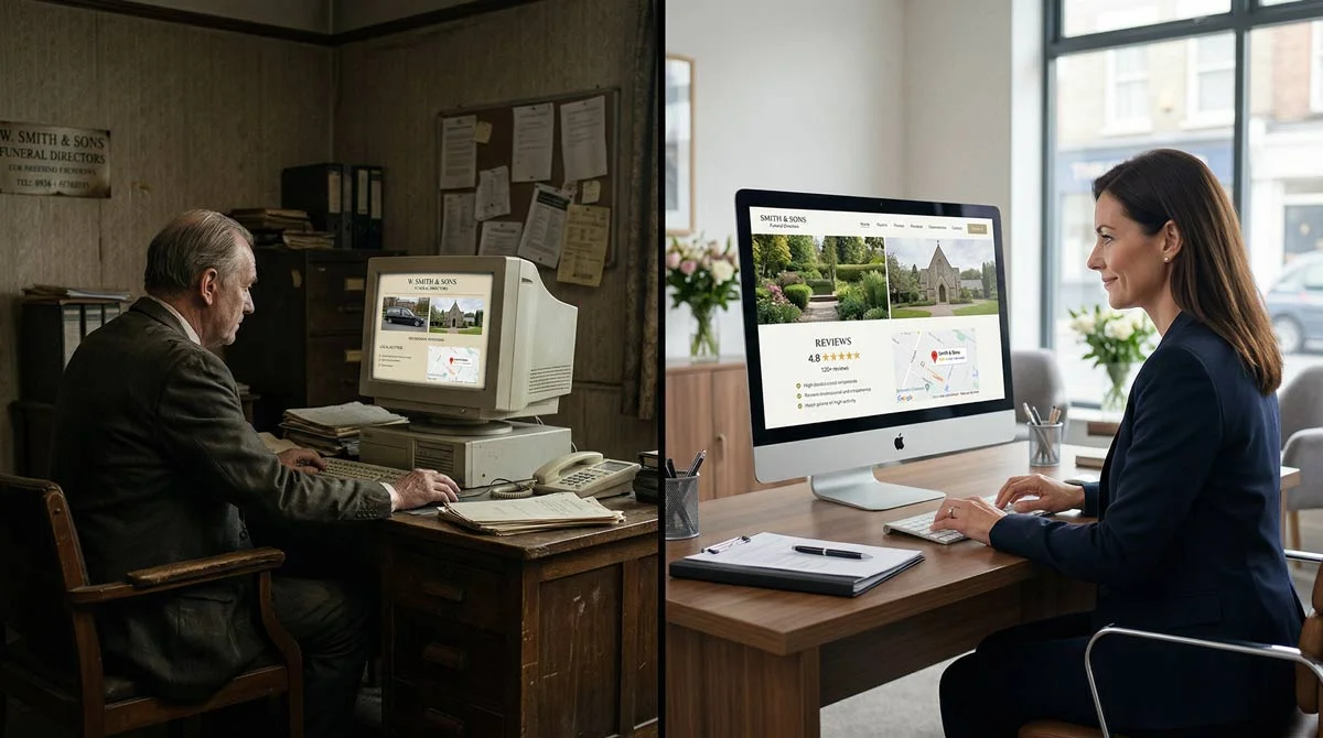 A split image contrasting an outdated funeral home with a basic website on the left, and a modern funeral home with a polished website, 4.8-star rating, and map listing on the right