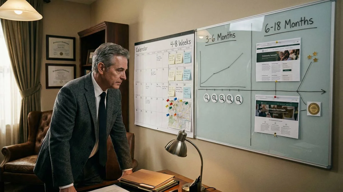 A funeral home owner reviews a wall-mounted SEO planning board divided into 4 to 8 weeks, 3 to 6 months, and 6 to 18 months milestones