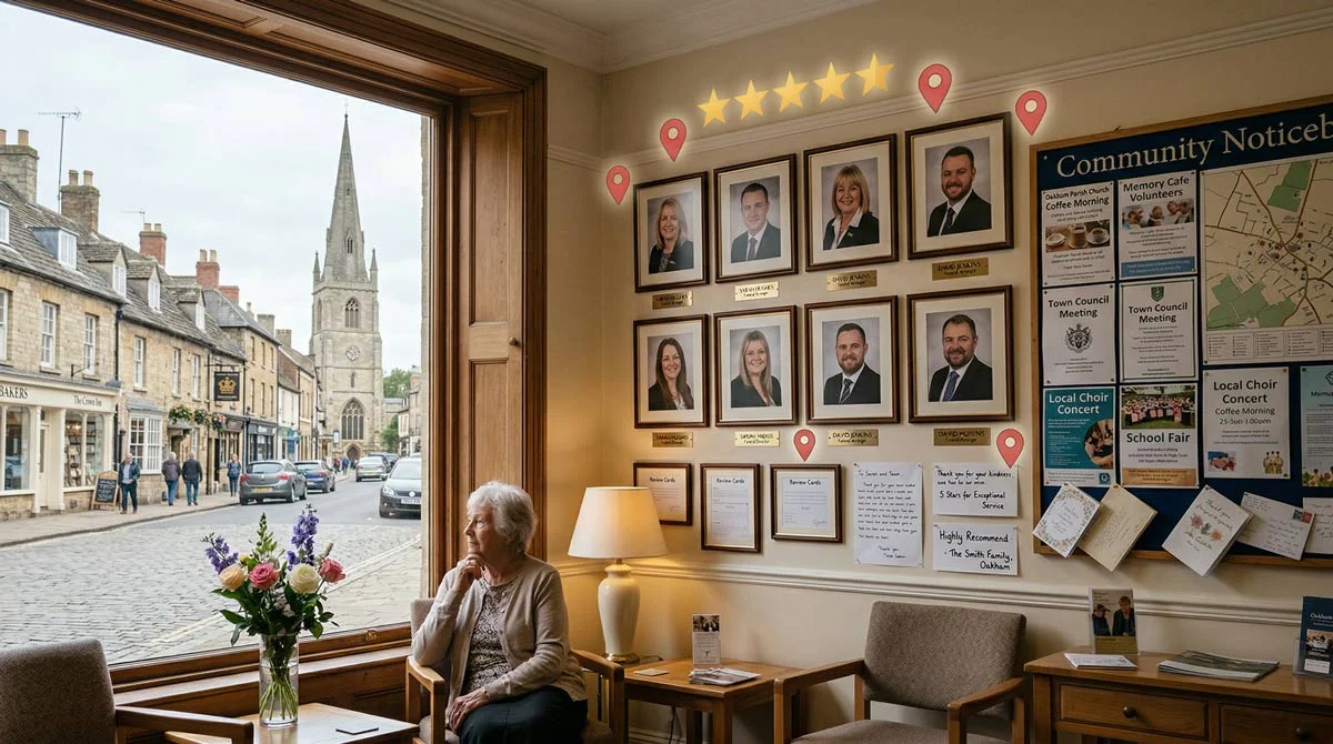 The interior of a welcoming funeral home with framed staff portraits, certificates, family messages on the walls, and star rating overlays representing online reviews and local search visibility