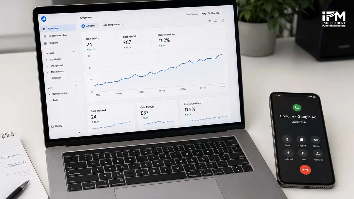 Laptop showing a Google Ads call tracking analytics dashboard with a conversion graph alongside a smartphone displaying an active call from a funeral home PPC enquiry