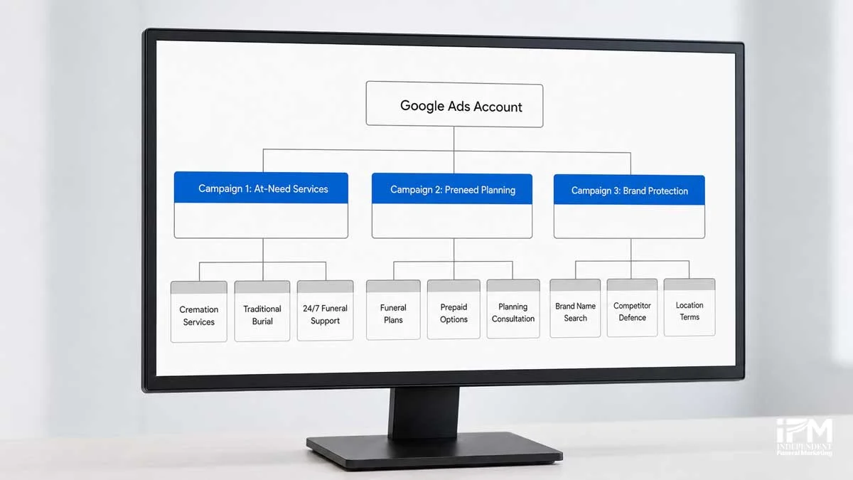 Google Ads account structure diagram showing three funeral home campaigns: at-need services, preneed planning, and brand protection, with ad groups beneath each