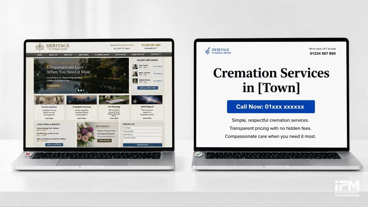 Two laptop screens side by side comparing a cluttered funeral home homepage with a focused dedicated landing page for a cremation services PPC campaign