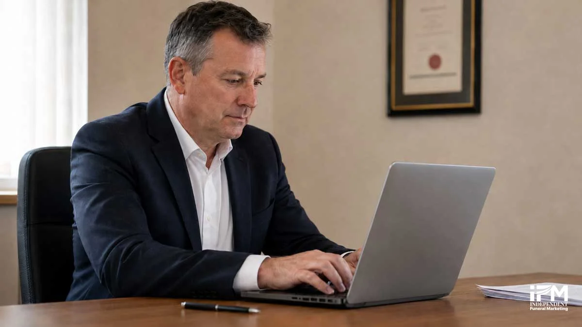 An independent funeral director seated at a desk managing a Google Ads campaign on a laptop in a professional funeral home back office