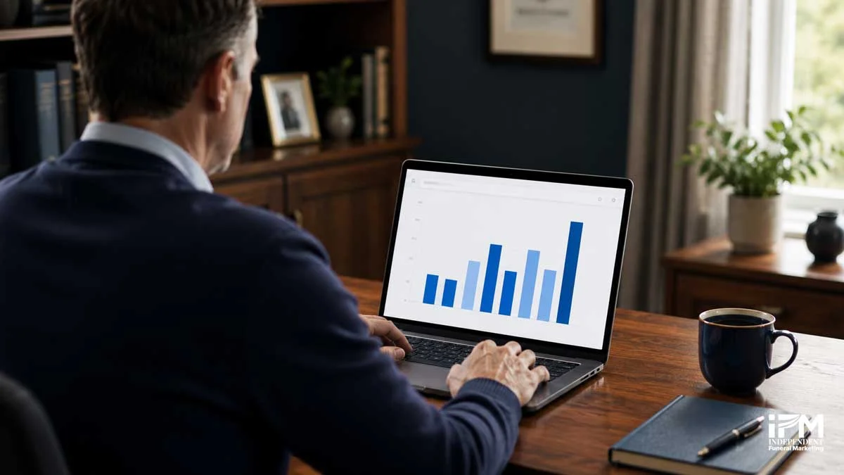 Independent funeral director reviewing a targeted Google Ads campaign on a laptop, competing with national funeral chains through local precision advertising