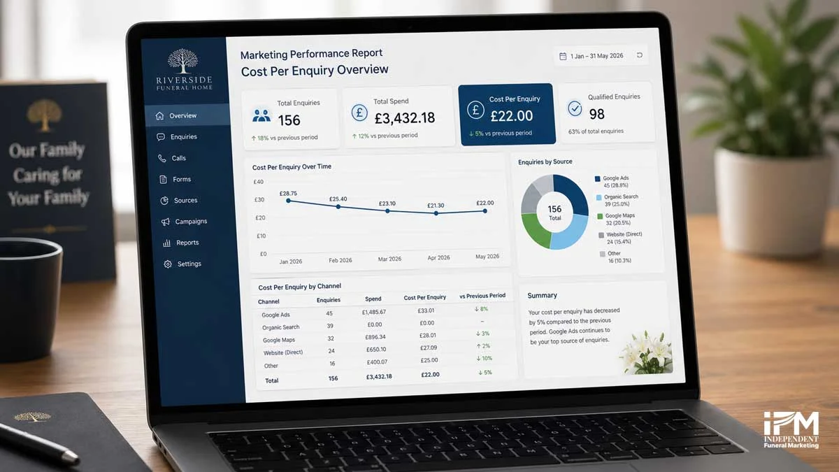 Laptop showing a funeral home cost-per-enquiry tracking report with enquiries, spend, qualified leads and marketing performance by channel.