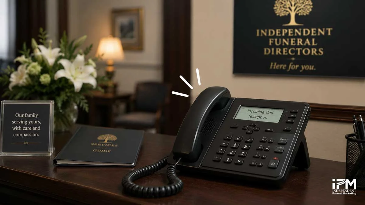 Funeral home reception desk with an unanswered ringing phone showing why more website visitors do not always lead to more bookings.