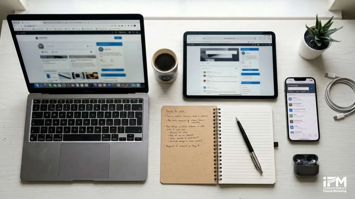 Laptop, tablet, and smartphone arranged on a desk each showing different blurred online directory listings, representing the range of platforms where funeral home NAP data must be checked and kept consistent